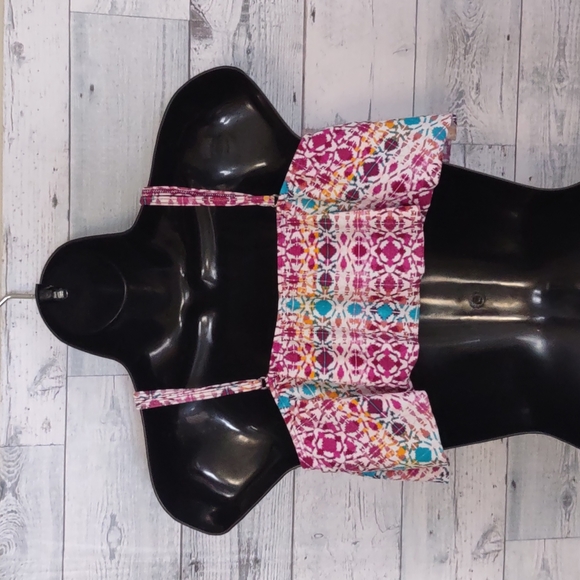 Hula Honey Printed Strappy Flounce Bralette Bikini Top in Wine Multi Large - Picture 5 of 10